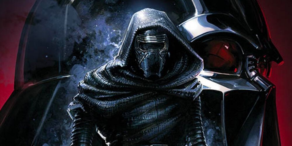 Rise Of Kylo Ren Kylo In Helmet And Hood In Front Of Darth Vader In Background