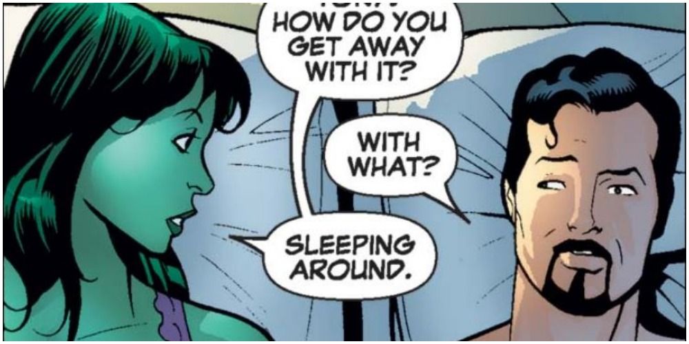 Tony Stark and She-Hulk lying in bed talking in Marvel Comics