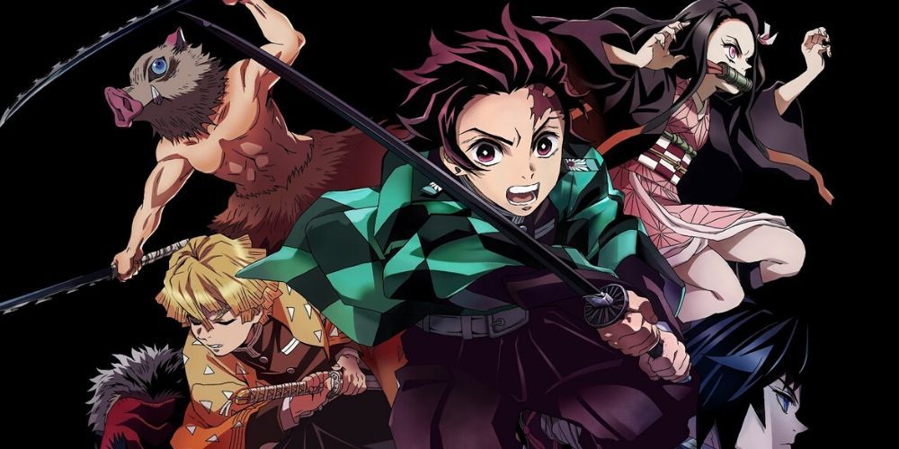 A promotional image for Demon Slayer shows Tanjiro and other demon slayers leaping into action