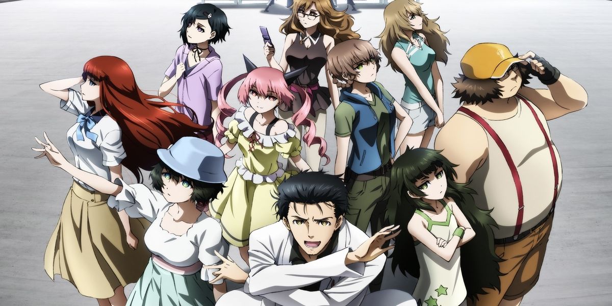 The characters of Steins;Gate standing together in different poses.