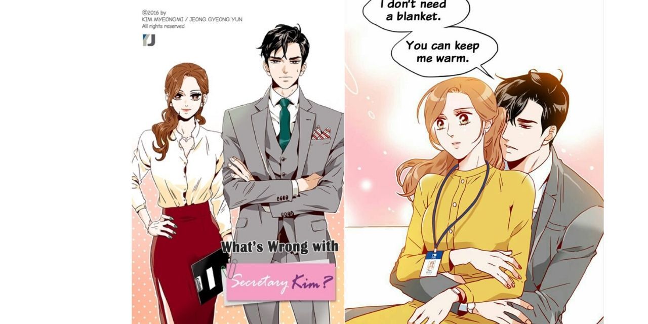 Two panels showing Kim Mi-So and Lee Young-Joon in the What's Wrong With Secretary Kim manhwa
