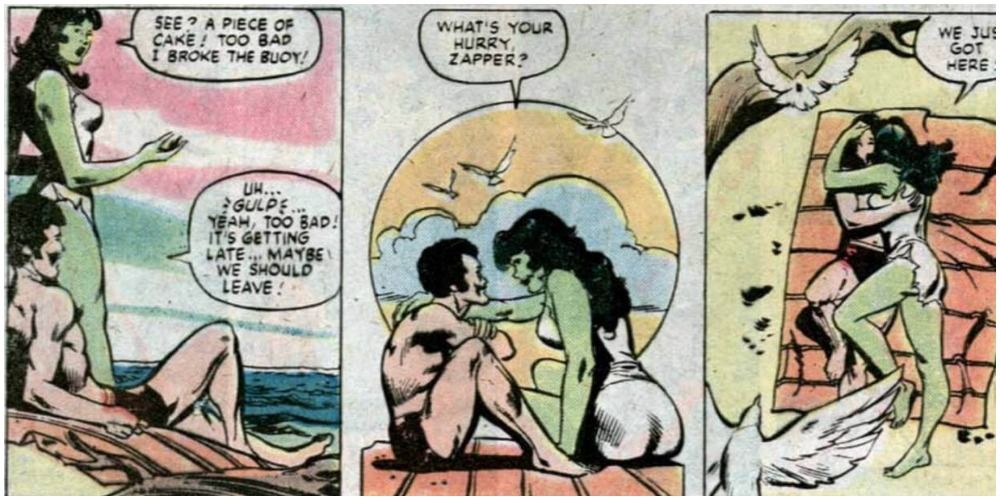 She-Hulk and Zapper hang out at the beach in Marvel Comics