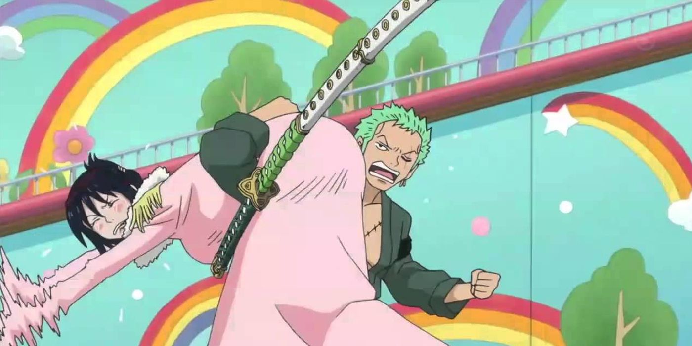 Image shows Zoro Roronoa carrying an embarrassed Tashigi - One Piece