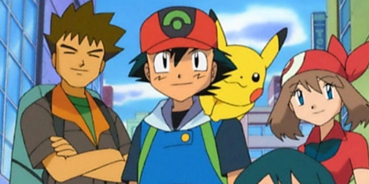 Ash, Brock, Pikachu, and May in Pokémon.