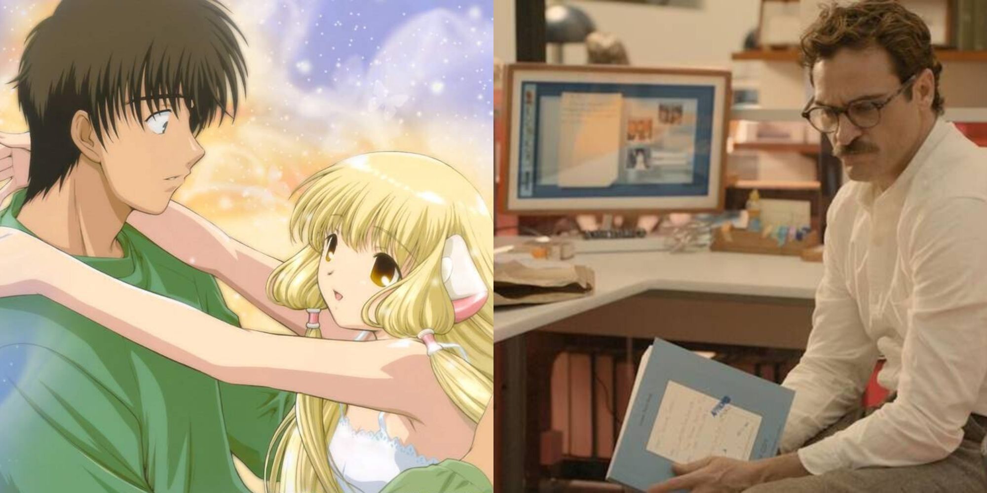 A split image of Chobits and Joaquin Phoenix in HER.