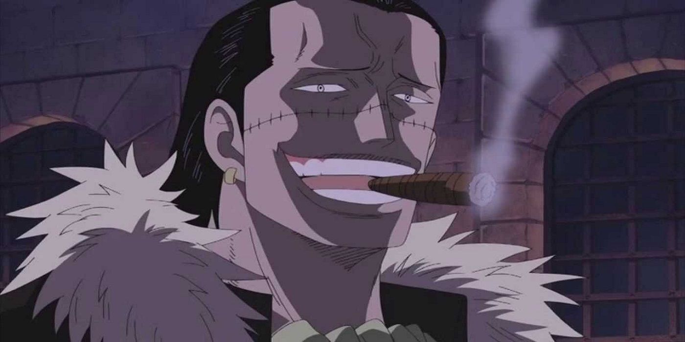 Crocodile grinning, a cigar in his teeth, in One Piece's Impel Down Arc