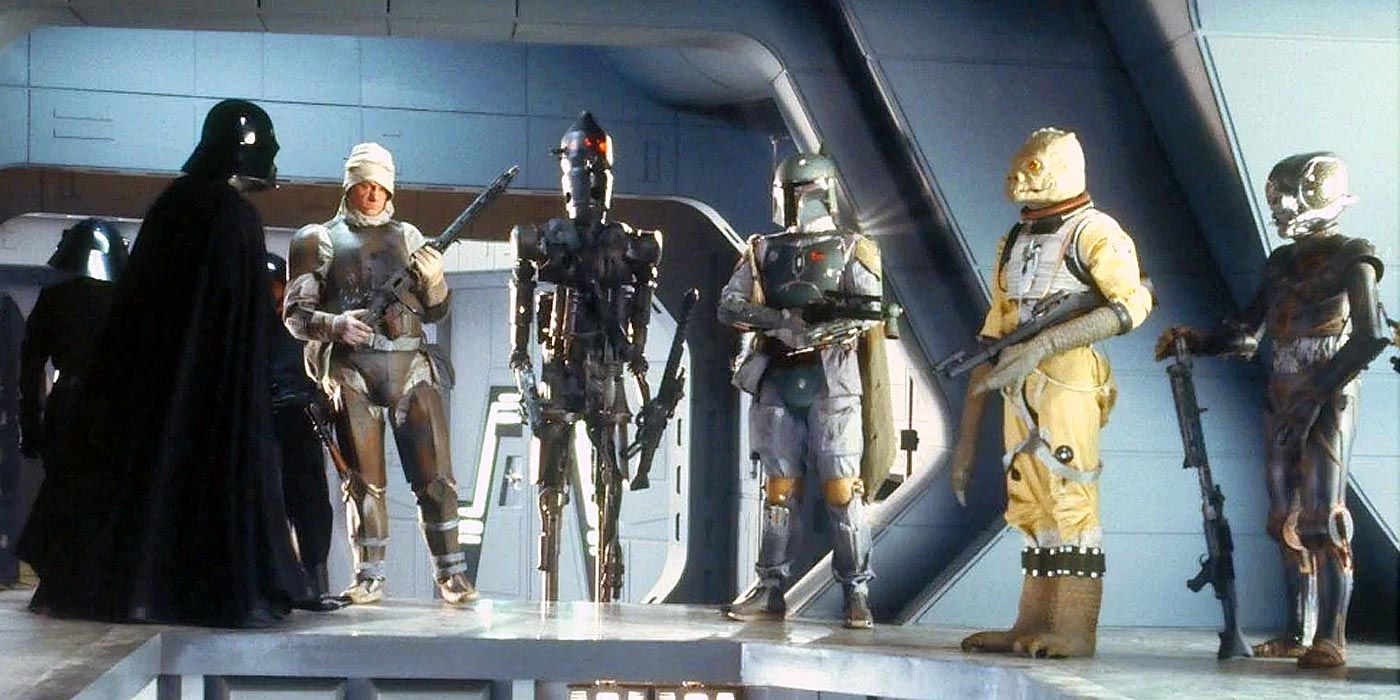 Darth Vader addresses the bounty hunters in Star Wars: The Empire Strikes Back