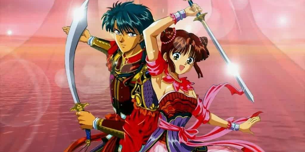 Miaka and Tamahome drawing swords and fighting side-by-side in Fushigi Yugi.