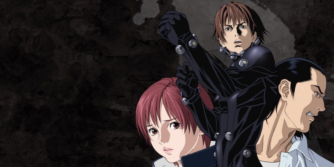 Three characters from Gantz posing in front of a black background.