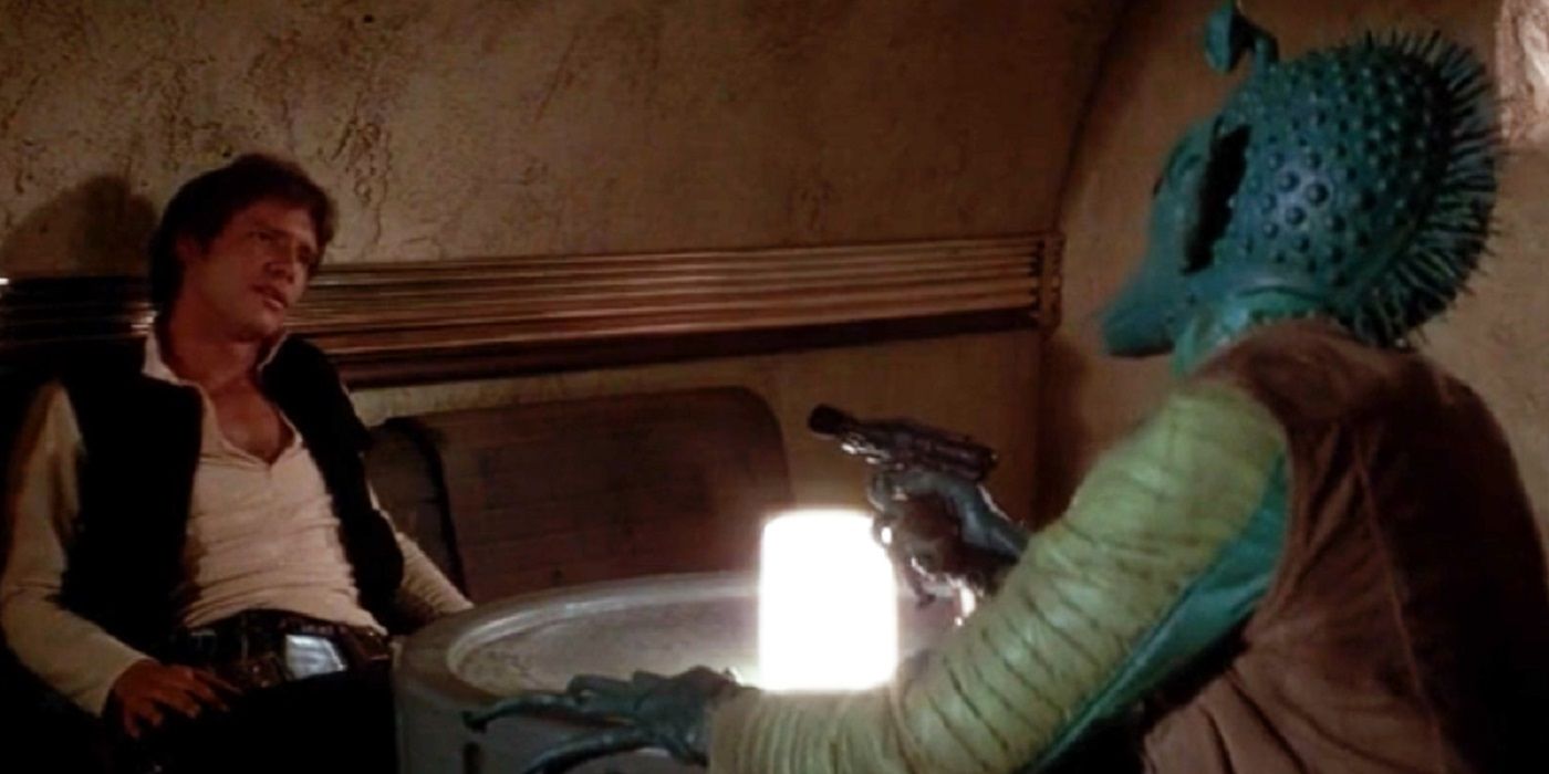 Han Solo and Greedo face off in the Cantina in Star Wars