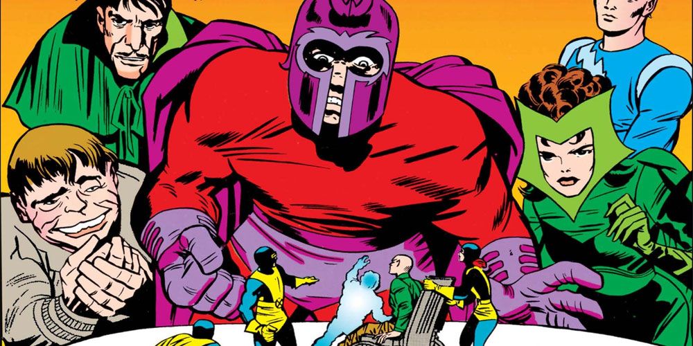 Toad, Mastermind, Magneto, the Scarlet Witch and Quicksilver loom over the five original X-Men