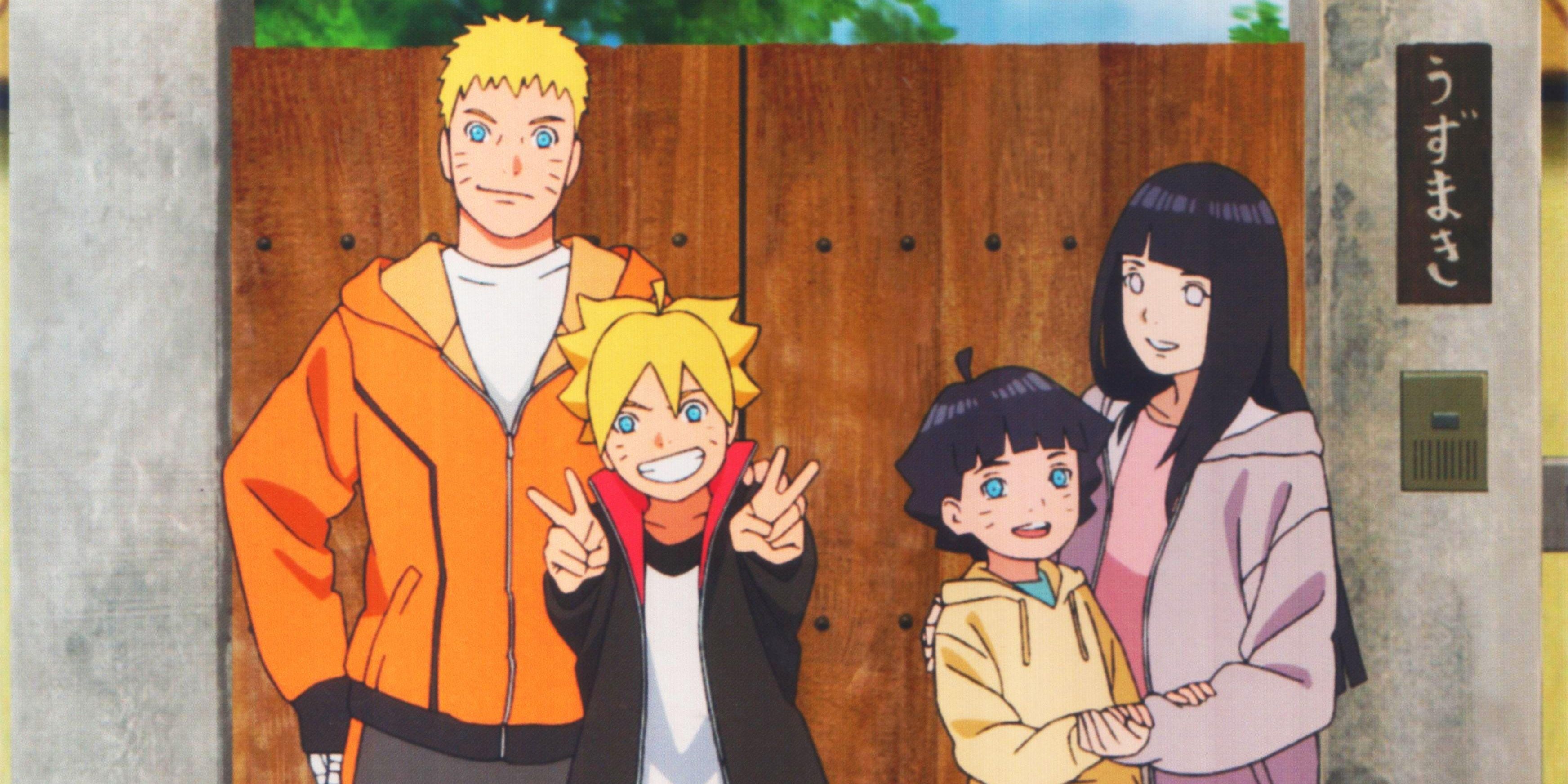 The Uzumaki family, Naruto, Boruto, Himawari, and Hinata in front of a fence