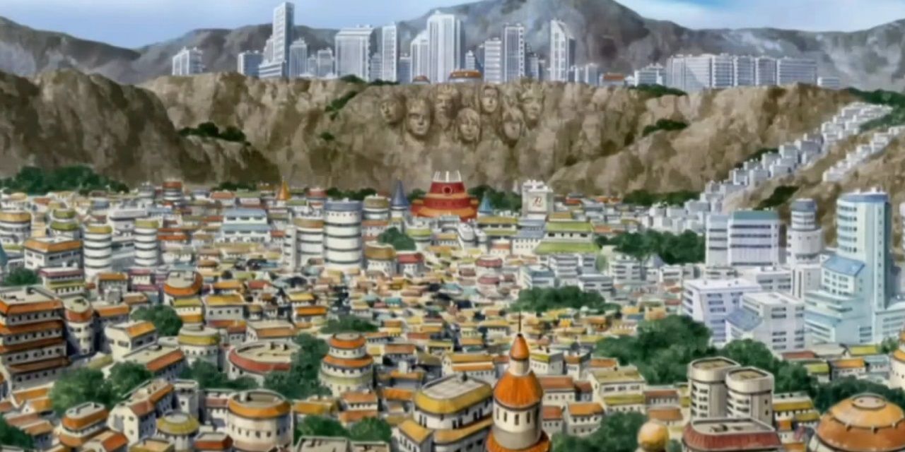 The Hidden Leaf village with the carved faces of the 7 hokage looking down over the valley
