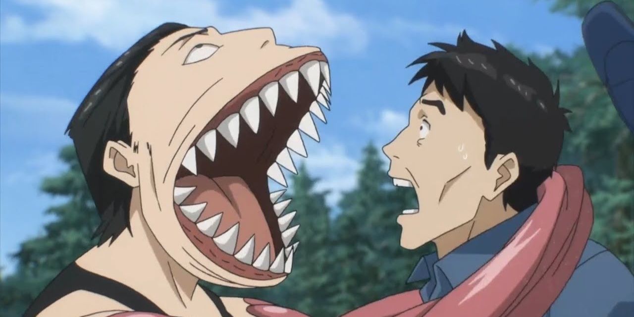 The main character in Parasyte screams in terror as the person before him grows a huge mouth