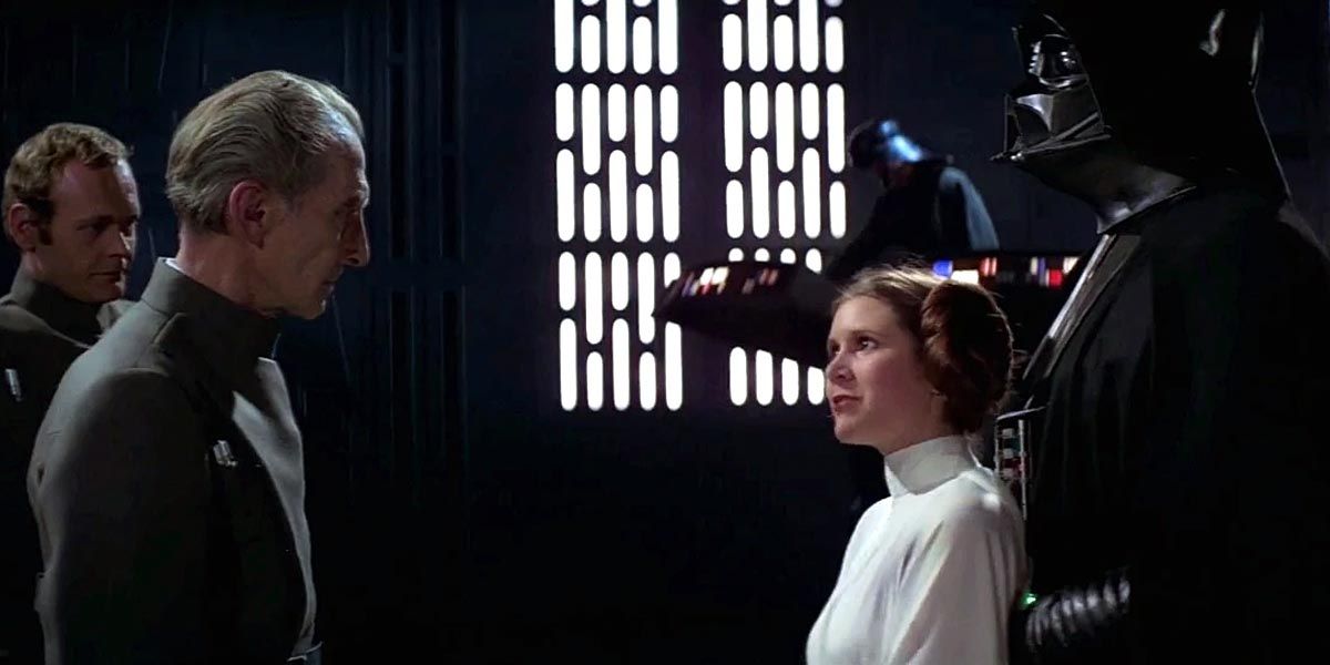 Grand Moff Tarkin, Princess Leia and Darth Vader in Star Wars: A New Hope