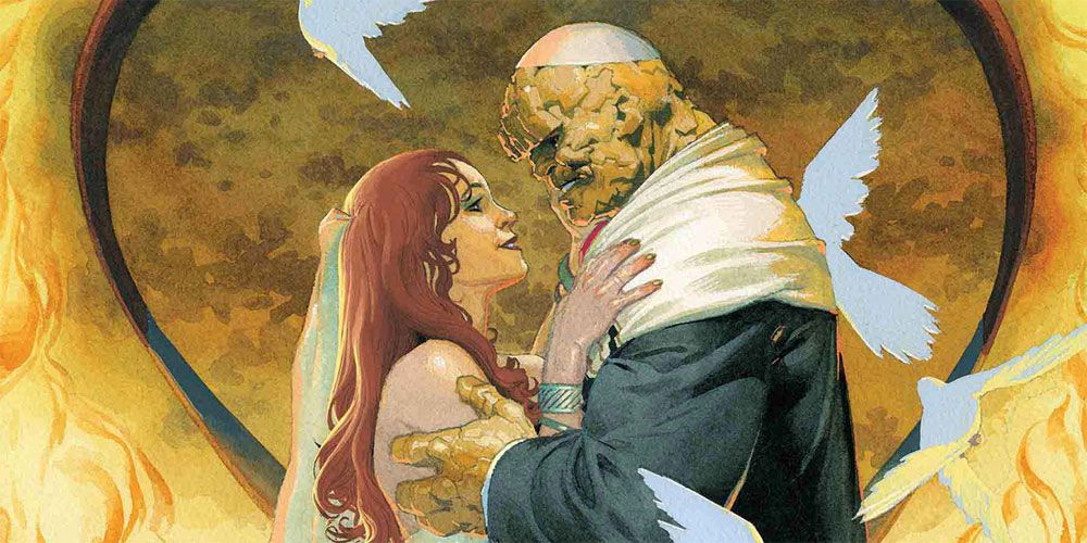 The Thing and Alicia Masters embrace each other at their wedding.
