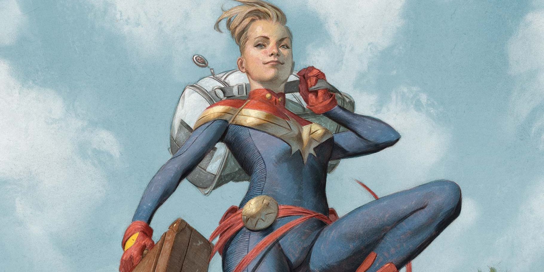 Captain Marvel flying through the air with luggage