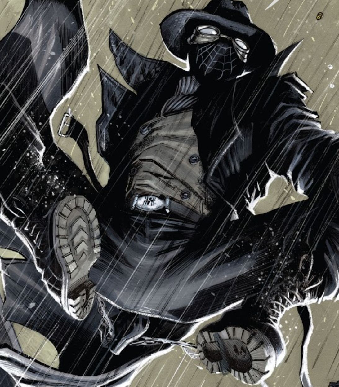 Spider-Man Noir jumps down from above.