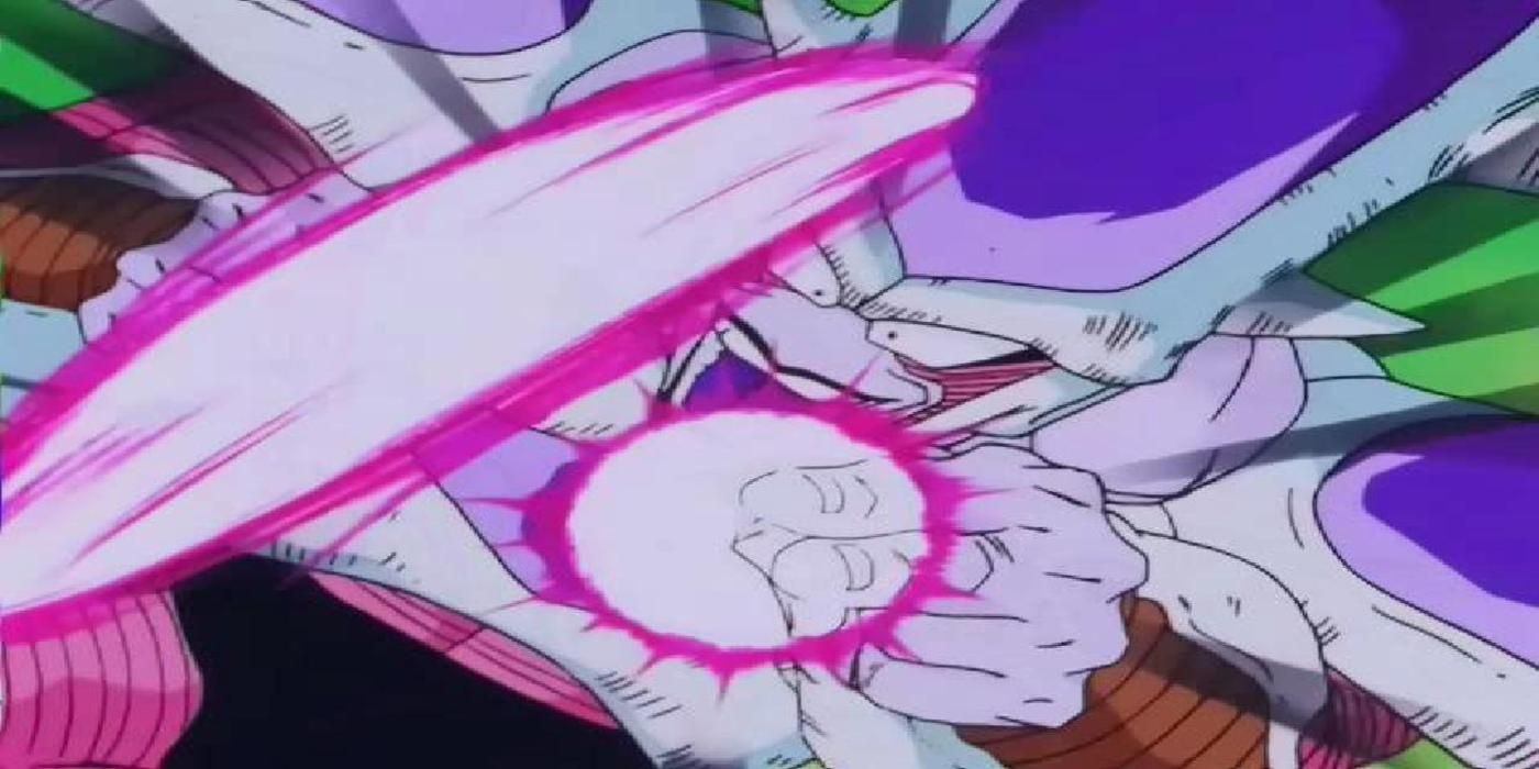 Frieza's third form fires energy blasts at Piccolo in Dragon Ball Z.