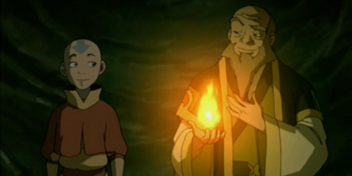 Aang and Iroh heading down the tunnel to save Katara and Zuko