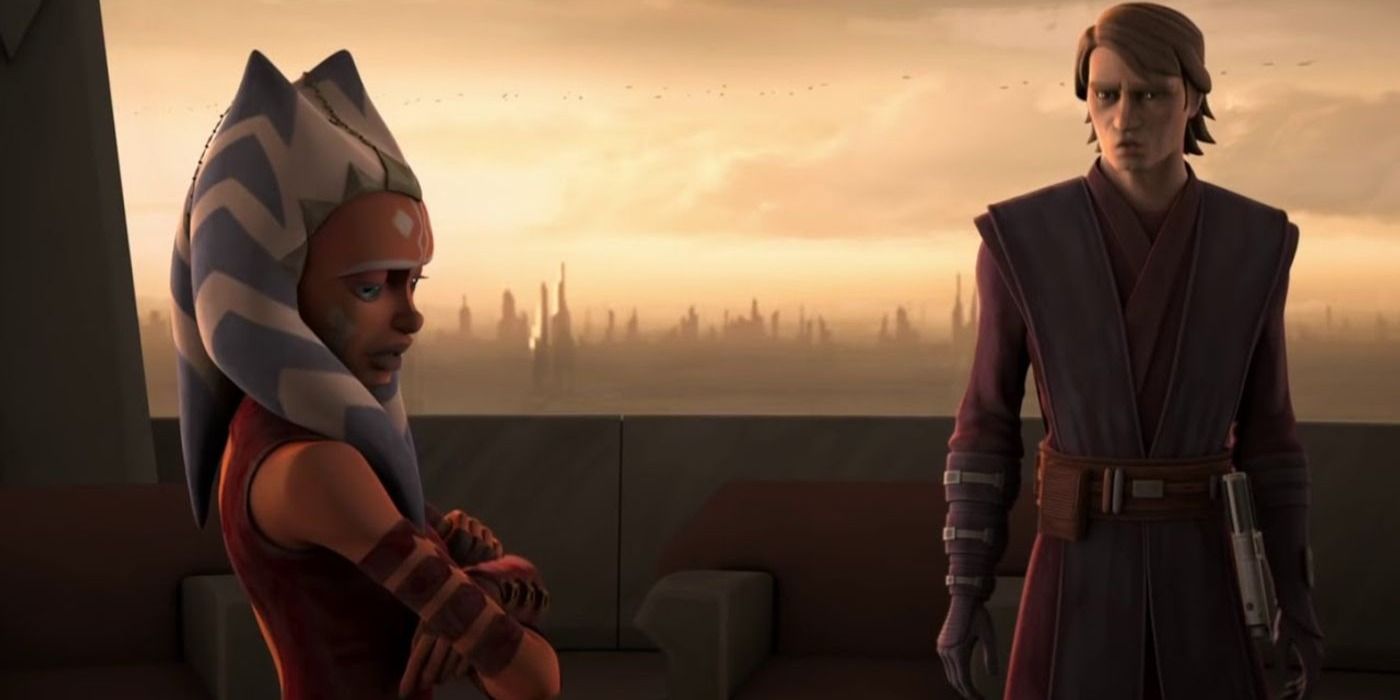 Ahsoka Tano and Anakin Skywalker talking in Star Wars: The Clone Wars