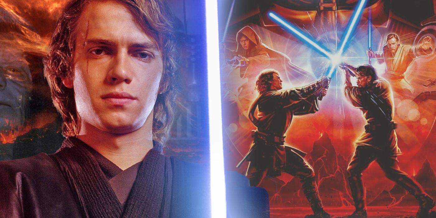 Anakin Skywalker holding his lightsaber pictured next to a Revenge of the Sith poster on which he duels Obi-Wan Kenobi.