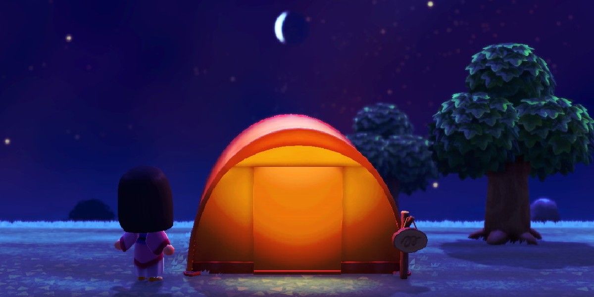 An Animal Crossing New Horizons orange tent at night with the player next to it.