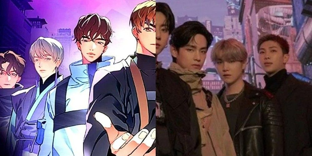 A split image of the BTS members in the manhwa and in real life