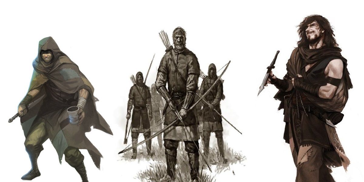 Examples of human villians in D&D, split image, robed figure, archers, rogue with dagger