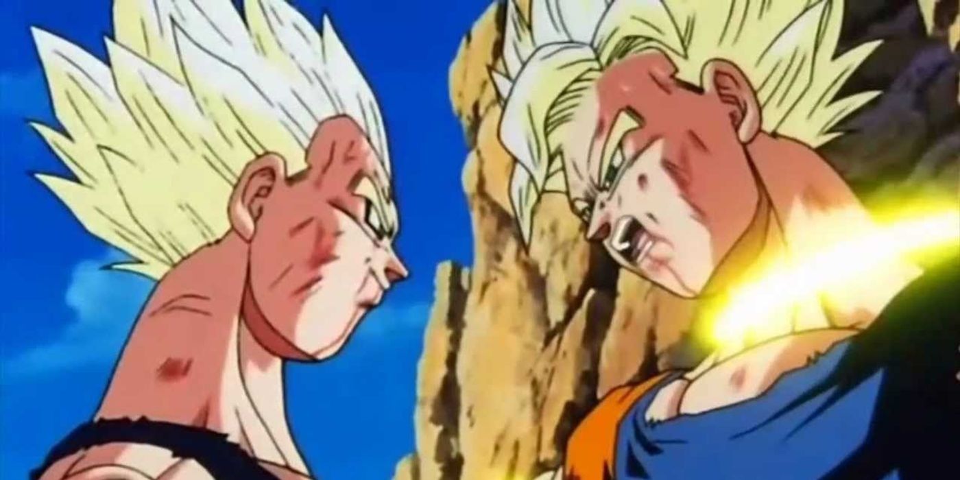Majin Vegeta taunts Goku while he's restrained in Dragon Ball Z