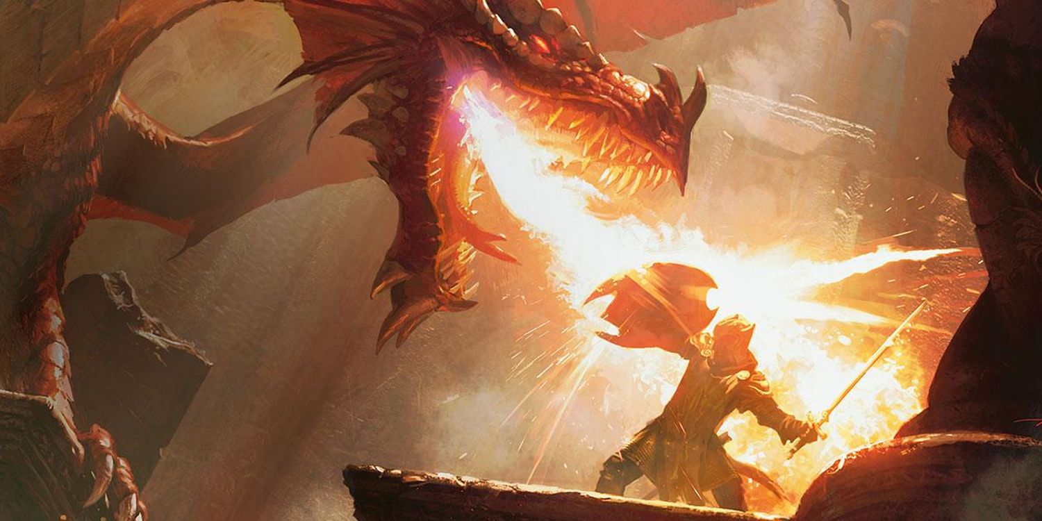 A red dragon breathes fire at an adventurer in DnD