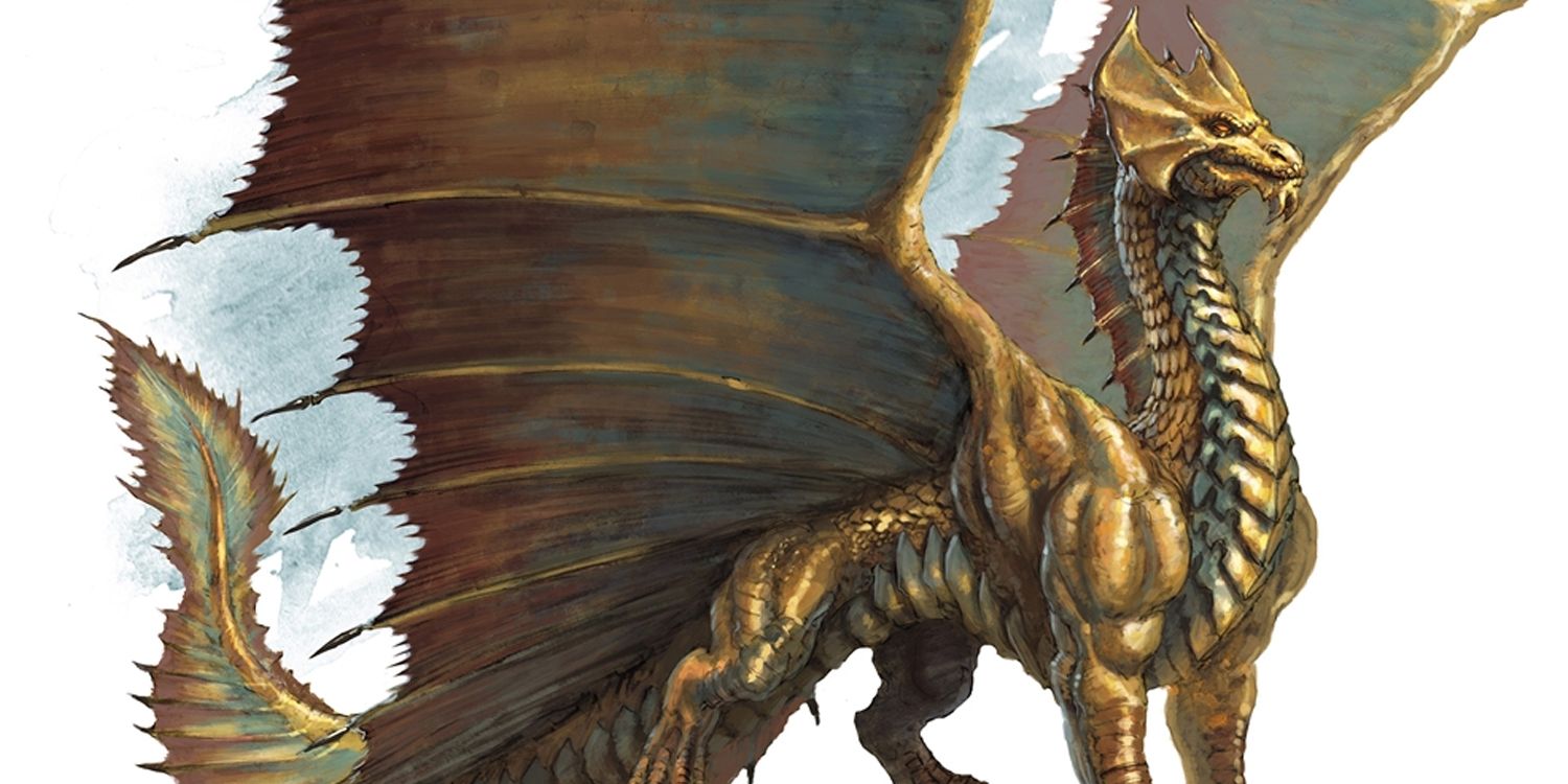 A Brass Dragon stands proudly with its wings back