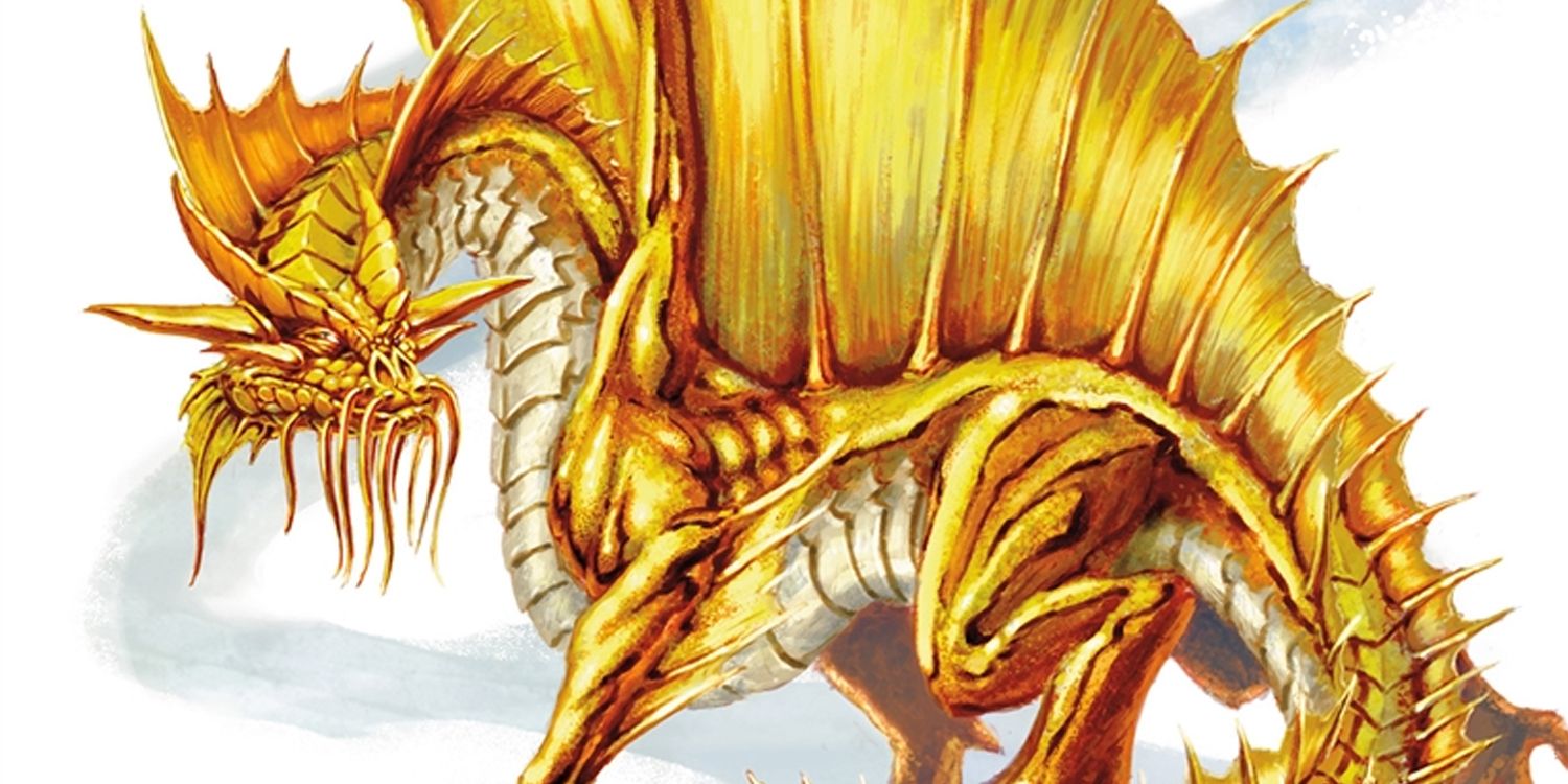 A gold dragon looking over its shoulder spikes
