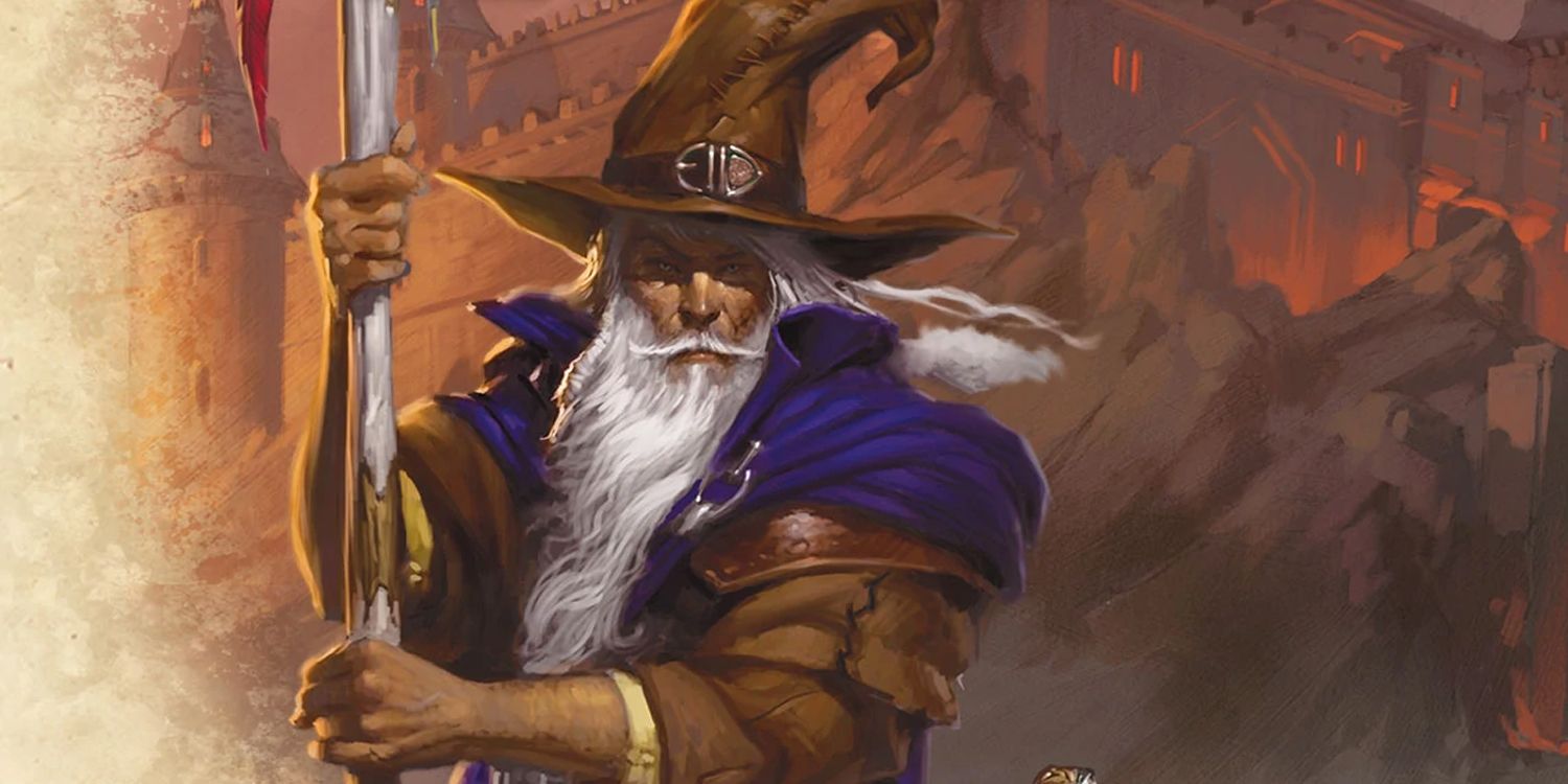 Dungeons & Dragons WIzard Elminster holding a staff against a castle