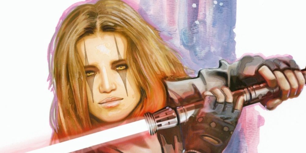 Star Wars' Darth Zannah holds her red lightsaber to her chin on white background
