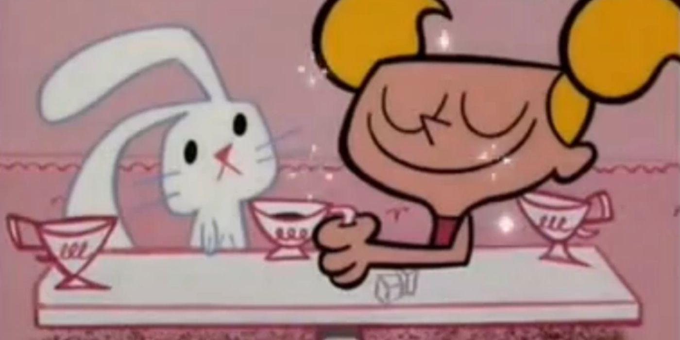 Dee Dee from Dexter's Laboratory enjoying tea with he stuffed rabbit