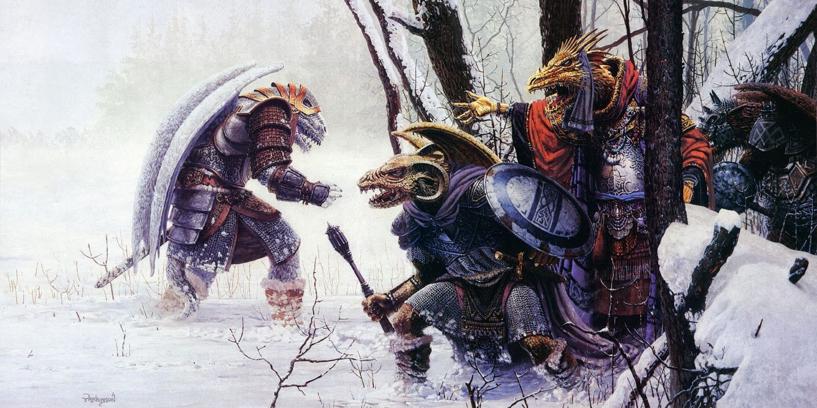 dnd draconians fighting on a snowy battlefield
