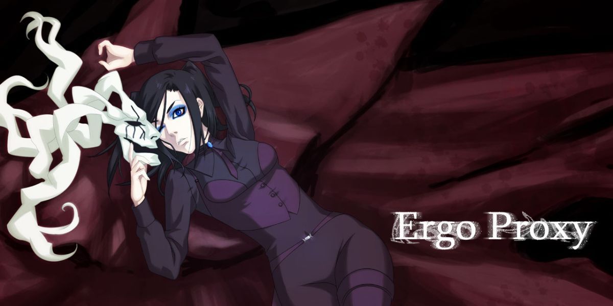 Official artwork with the title card for Ergo Proxy featuring Re-l Mayer holding a mask