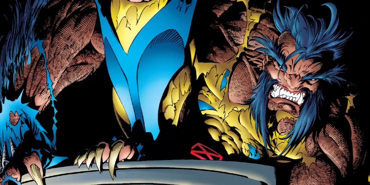 Wolverine in a feral state, growling from the shadows in Marvel Comics
