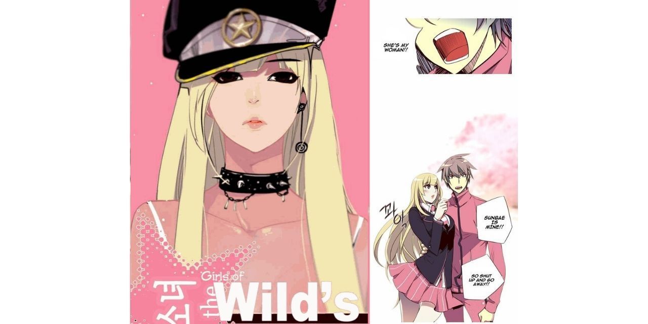 The cover for Girls of The Wild's manhwa split with panels from the first pages