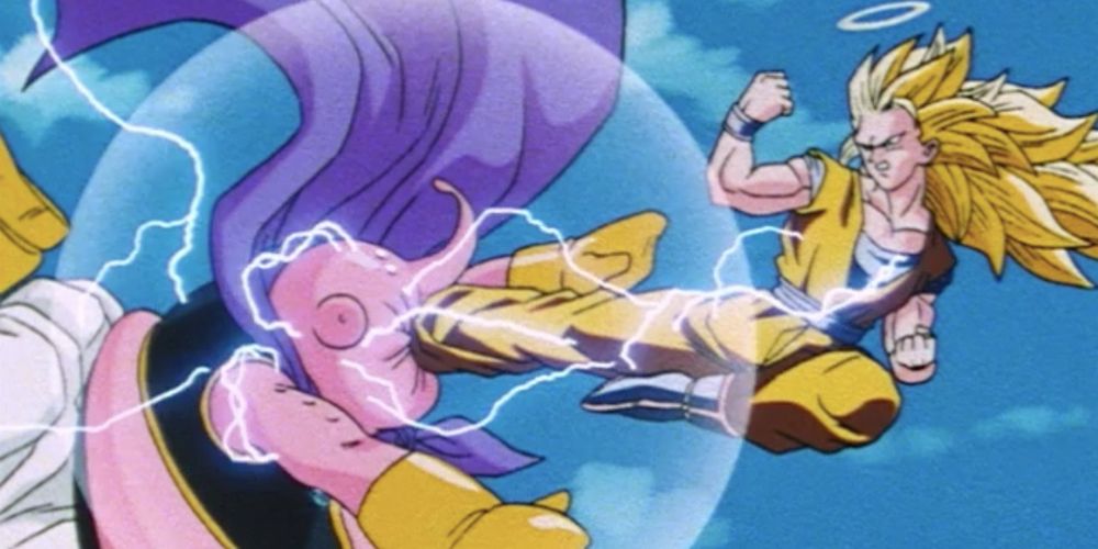 Super Saiyan 3 Goku kicks Buu in the face in Dragon Ball Z