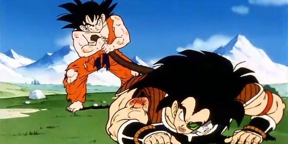 Goku squeezes Raditz's tail in Dragon Ball Z.