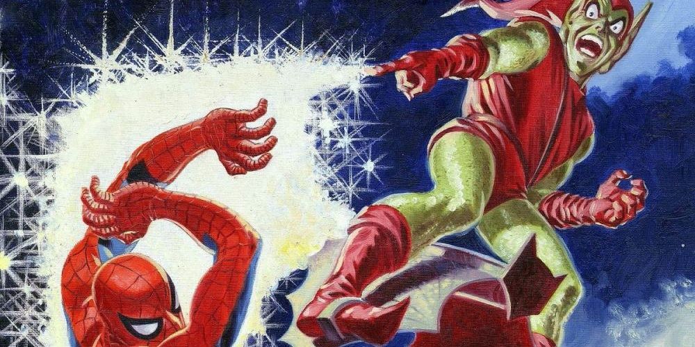 Green Goblin shoots sparks at Spider-Man