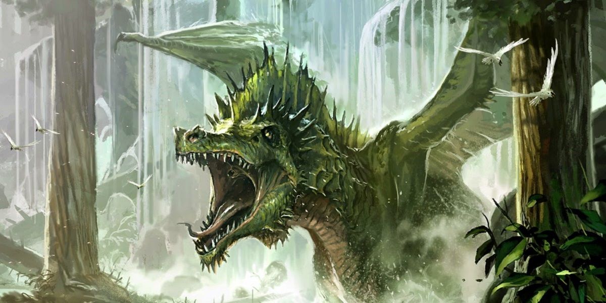 A green dragon preparing to use its poison breath in DnD