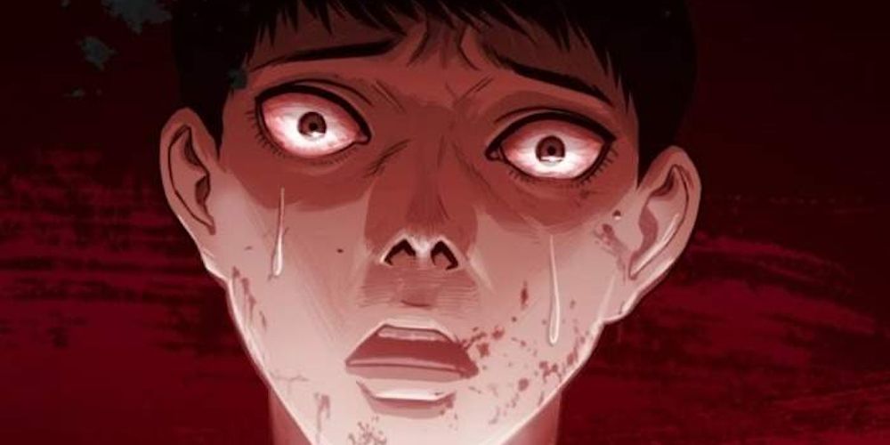 A terrified and sweating spectator in South Korean horror manhwa, Rotten