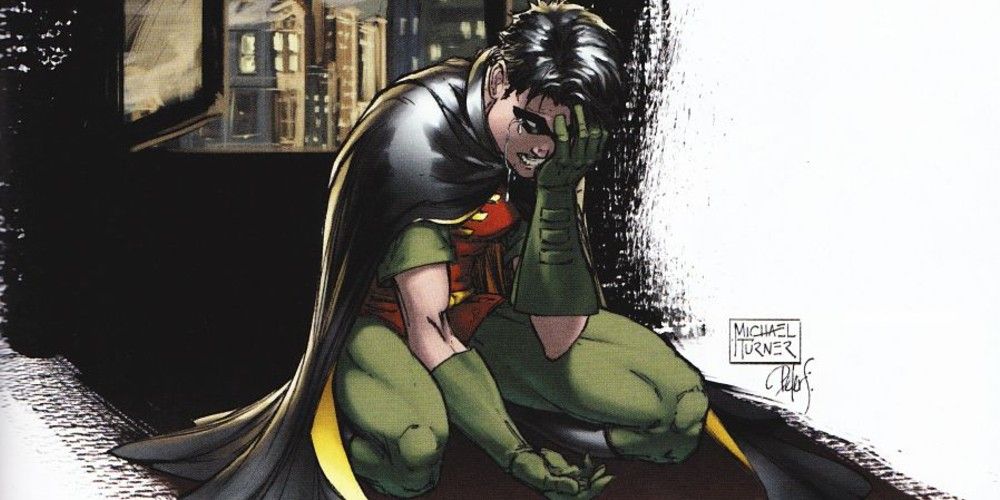 Tim Drake as Robin sobbing on his knees in DC Comics' Identity Crisis
