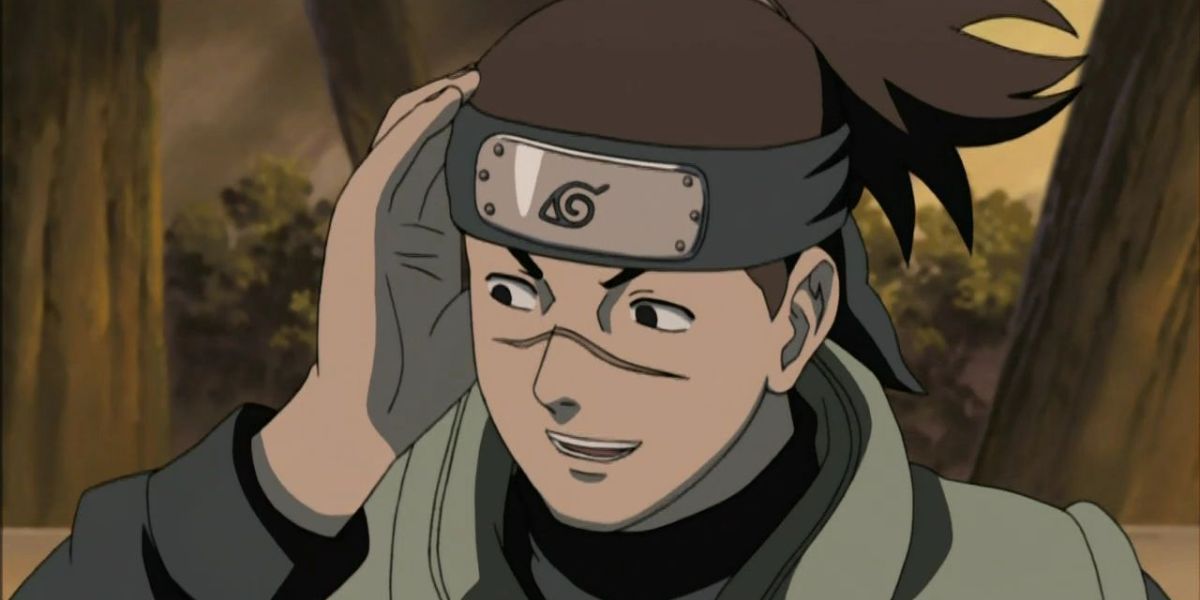 Iruka smiling with one hand against his temple