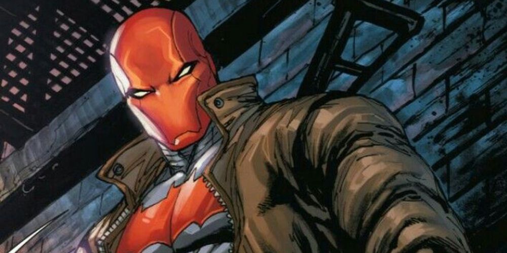 Red Hood looking down toward the reader in DC Comics