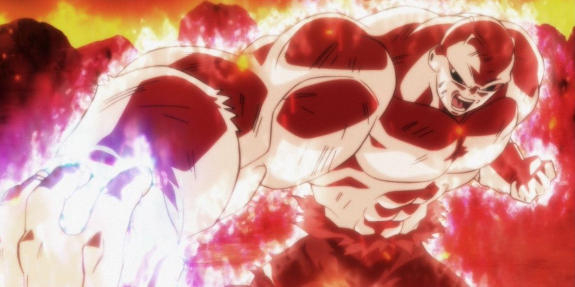 Jiren lança um soco superpoderoso durante o Torneio de Poder em Dragon Ball Super