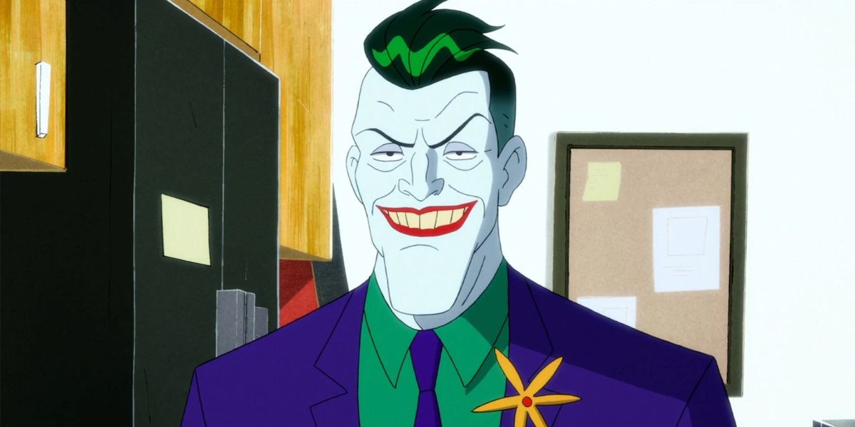 The Joker from Harley Quinn smiling in an office